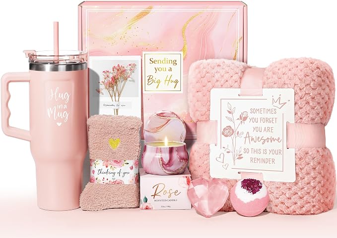 Birthday Gifts for Women Self Care Get Well Soon Gifts, Rose Relaxing Spa Bath Gift Basket Care Package w/ Flannel Blanket 40 OZ Tumbler, Mother's Day Gift for Mom Her Wife Girlfriend Grandma Sister