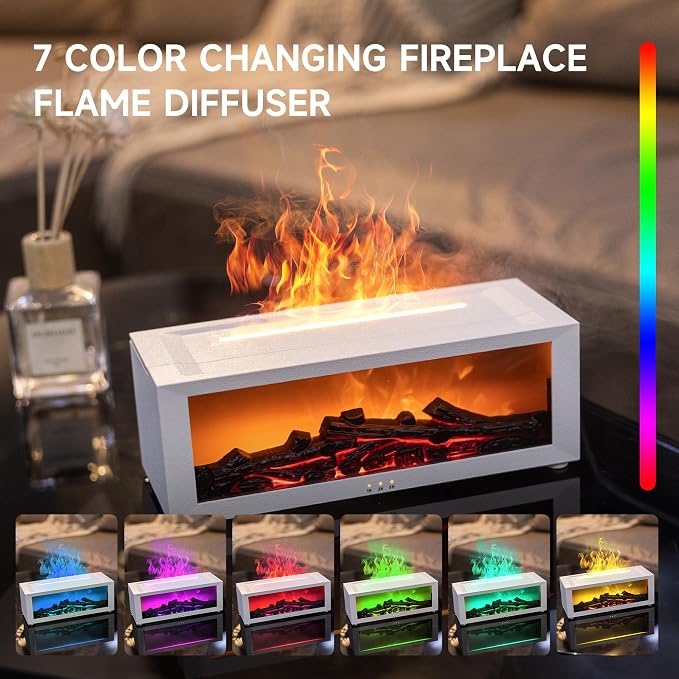 TMEHM Fireplace Flame Air Diffuser Humidifier,7 Colors Aromatherapy Essential Oil Diffuser,Ultrasonic Aroma Humidifier with Timer for Home,Bedroom,Office,Yoga (White, L)