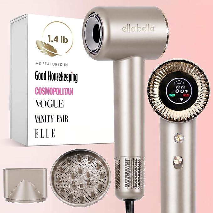 ELLA BELLA® Compact Plasma Hair Dryer, Advanced Plasma Technology Blow Dryer with Digital Display, Rapid Drying, Low Noise, & Luxury Velvet Travel Bag - Includes Diffuser & Nozzle- for All Hair Types