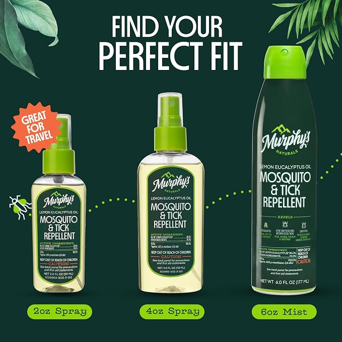 Murphy's Naturals Mosquito & Tick Bug Repellent Spray, Oil of Lemon Eucalyptus for Skin + Outdoor Gear, 6 Ounce Mist, 2-Pack