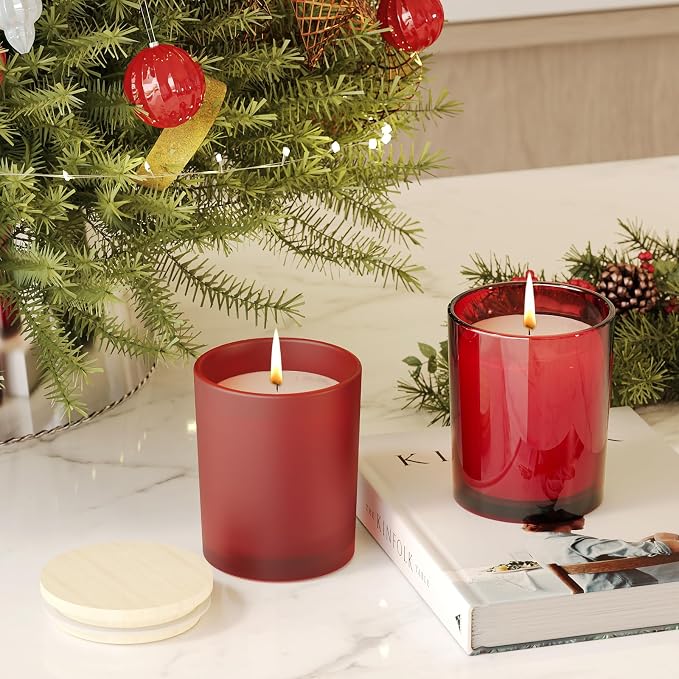 SHOWIN Thick Candle Jars for Making Candles 16 Pcs, 7 OZ Empty Jars with Wood Lids for Candle Making, Sample Container, Frosted Red