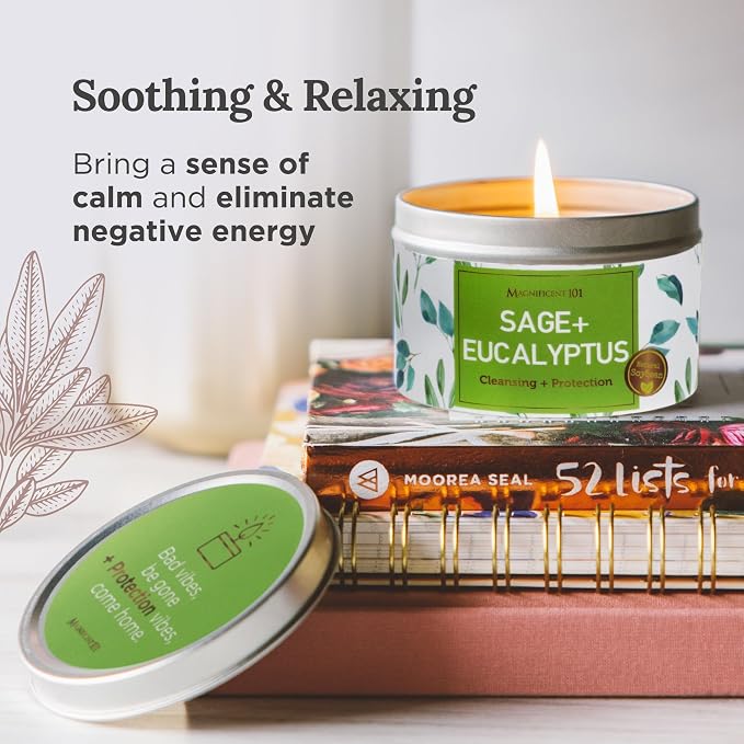 Magnificent 101 Long Lasting Sage + Eucalyptus Scented Smudge Candle - 6 Oz - 35 Hour Burn - Made of Soy Wax for Energy Cleansing & Manifestation - Fortify Life's Uncertain Path - Soy Candles