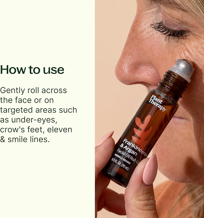 Plant Therapy Frankincense & Argan Facial Serum Roll-On, 10 mL (1/3 oz), Made with Frankincense Essential Oil & Argan Oil, Smoothes Wrinkles & Improves Skin Elasticity, Anti-Aging for Face & Skin