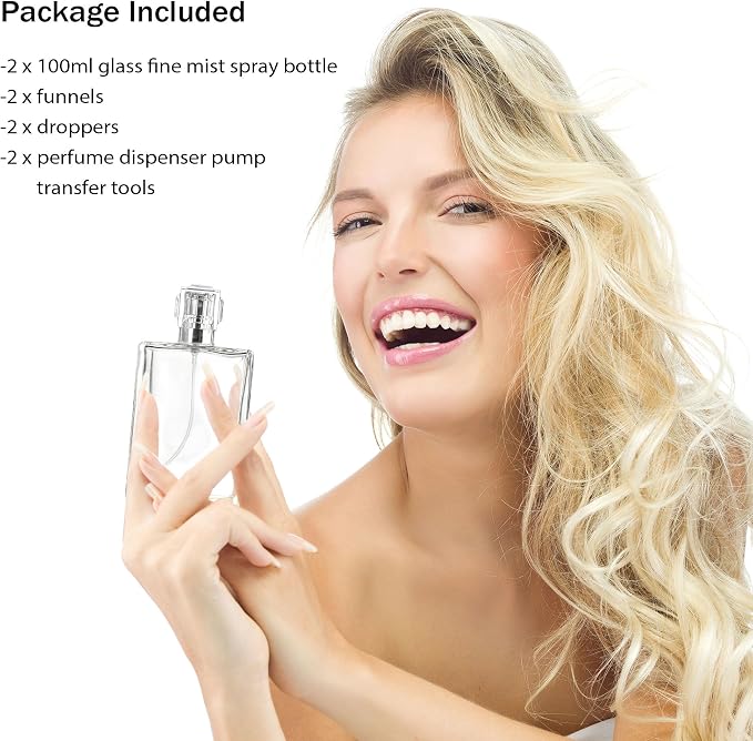 YU FENG 2 Pack Perfume Spray Bottles, 100ml/3.4oz Refillable Glass Perfume Atomizer, Empty Square Clear Glass Cologne Bottles with Fine Mist Spray