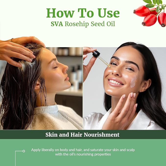 SVA Rosehip Seed Oil Organic - 4 Fl Oz – 100% Natural Cold Pressed Organic Rosehip Oil - for Face, Skin Care, Hair Care, Scalp Massage & Body Massage – Carrier Oil with Dropper