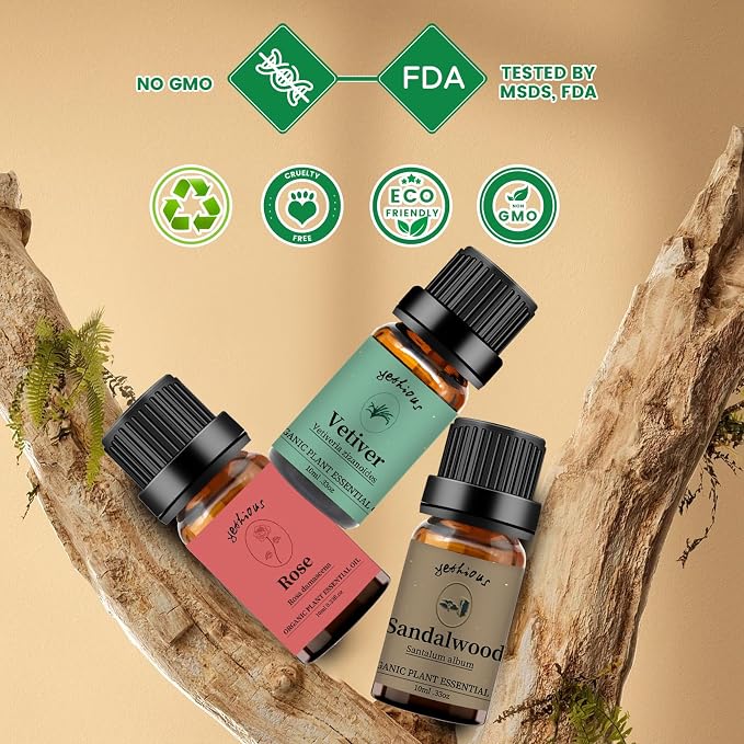 yethious 3 Pack Rose Sandalwood Vetiver Essential Oil Set Organic Pure Aromatherapy Oil for Diffuser Rose Oil Essential Oil