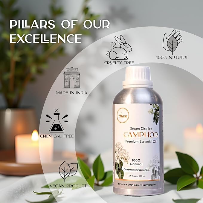 My ACE Camphor Essential Oil 16 Fl Oz - 100% Pure & Natural - Premium Grade for Aromatherapy, Diffuser, Skin, Hair, Massage, Candle & Soap Making, Home - Glass Bottle with Dropper - Long Lasting Scent