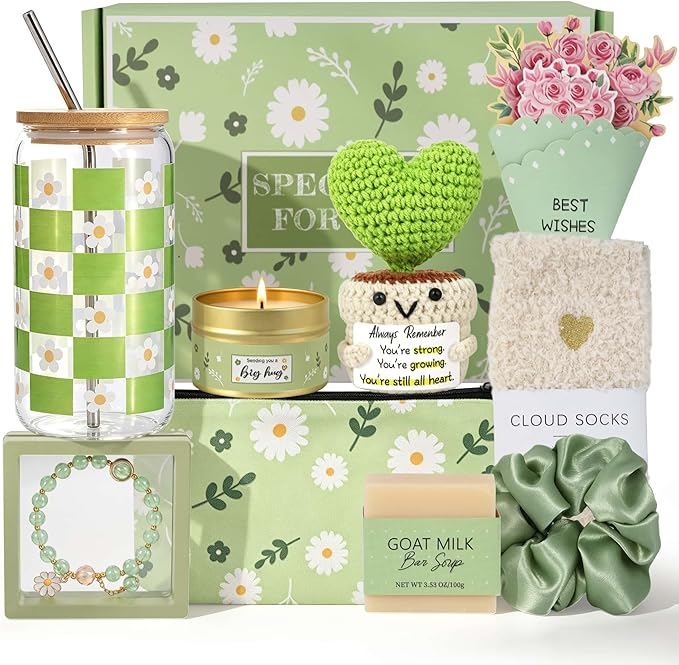 Birthday Gifts Baskets for Women, Get Well Soon Care Package for Girls | 9 PCS Fresh Green Teen Girl Gift Trendy Stuff, Pick Me Up Gift Box, Surgery Recovery Care Package , Cheer Up Feel Better
