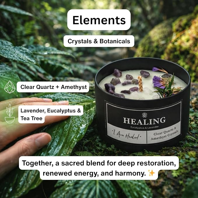 Healing Crystals Candle for Meditation & Room Decor, 8oz, Aromatherapy Candle with Clear Quartz and Amethyst, Eucalyptus & Lavender Essential Oil Scented Candles, Non Toxic Candles for Stress Relief