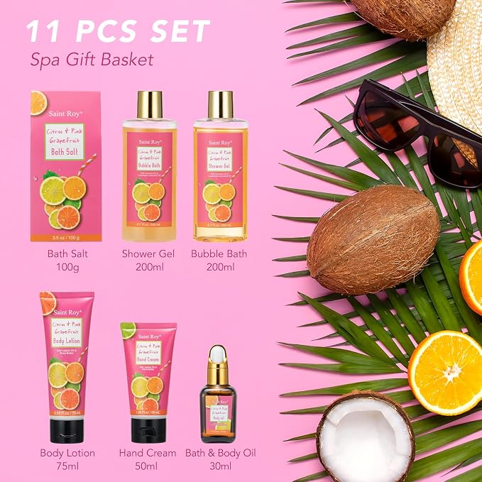 11Pcs Bath & Body Set Spa Gift Basket for Women Men, Self Care Bath Kit | Grapefruit Scents Home Spa Gift for Birthday, Christmas, Valentines, Mother Day, Anniversary Spa Kit, Self Care Pamper Gift