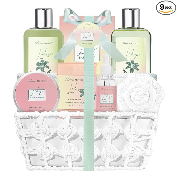 Spa Gift Baskets for Women Bath and Body Gift Set, 9pcs Spa Gifts for Women, Lily Bath Gift Set with Bubble Bath, Body Lotion, Christmas Gifts for Her Relaxing Bath Sets