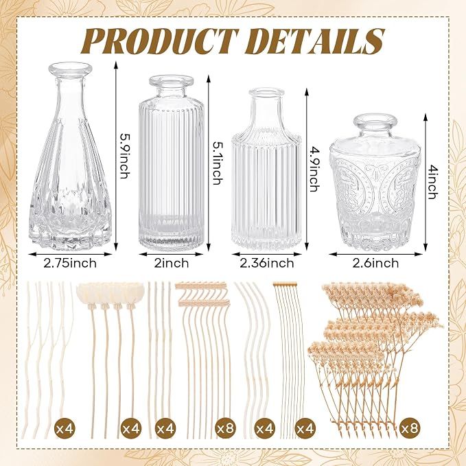 4 Pcs Reed Diffuser Set 4 Styles 5.1 oz Empty Bottles and 36 Empty Bottles with Baby's Breath High-end and Beautiful for Bedroom Bathroom Home and Office Decor