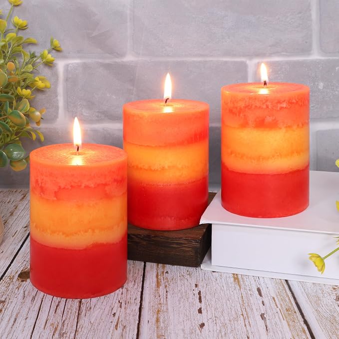 3×4 Inch Orange Pillar Candles, Pumpkin Scented Candles - 35+ Hour Long Lasting Clean Burning, Fall Harvest Celebration Aromatherapy Candles for Thanksgiving Day Dinner Table Décor, Set of 3
