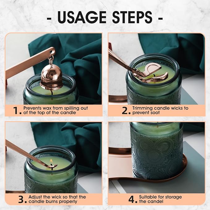 PATOISE 4 in 1 Candle Accessory Set, Candle Wick Trimmer Cutter Mini, Candle Snuffer, Candle Wick Dipper, Tray Holder in Gift Package for Candle Aromatherapy Lovers(4PCS Rose Gold)