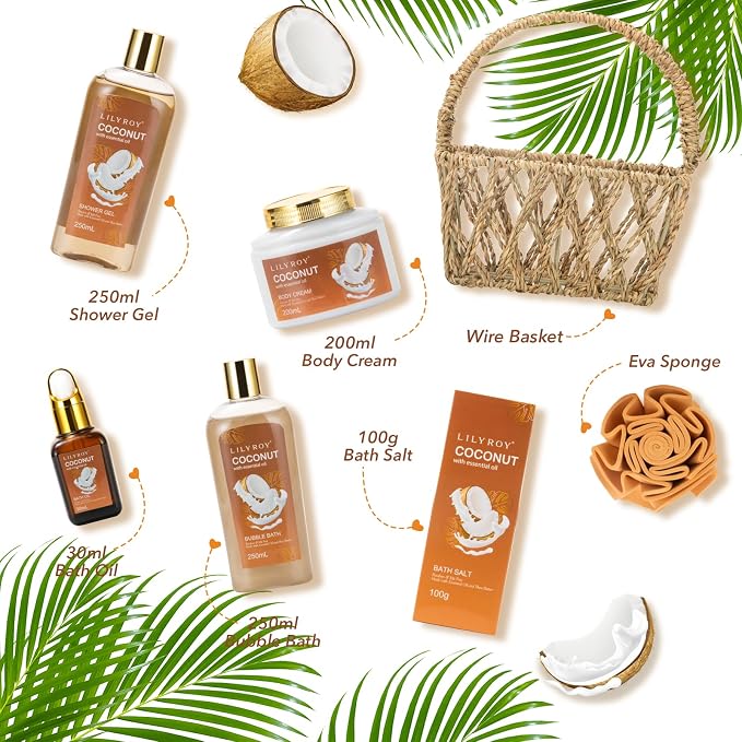 Coconut Spa Gifts Bath Kit, 7Pcs Moisturizing Spa Gift Basket for Women & Men