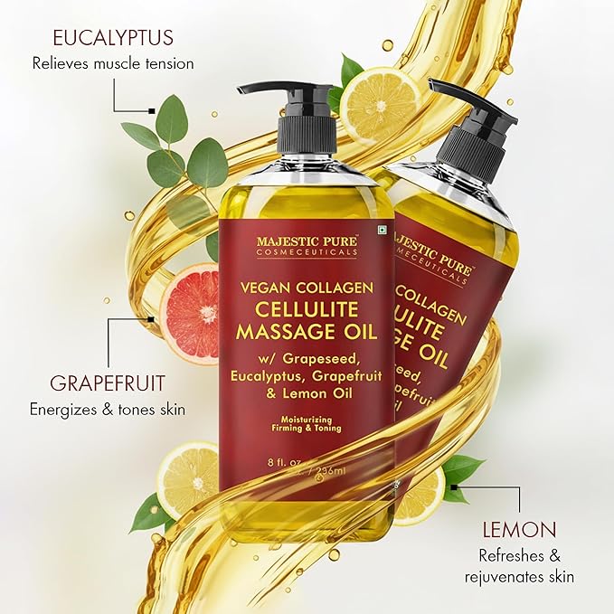 Majestic Pure Cellulite Massage Oil for Massage Therapy- Refreshing and Relaxing- Natural Oils with Grapeseed, Eucalyptus & Lemon Oil- All Skin Types- Men and Women Massage Lotion- 8 fl oz (Pack of 2)