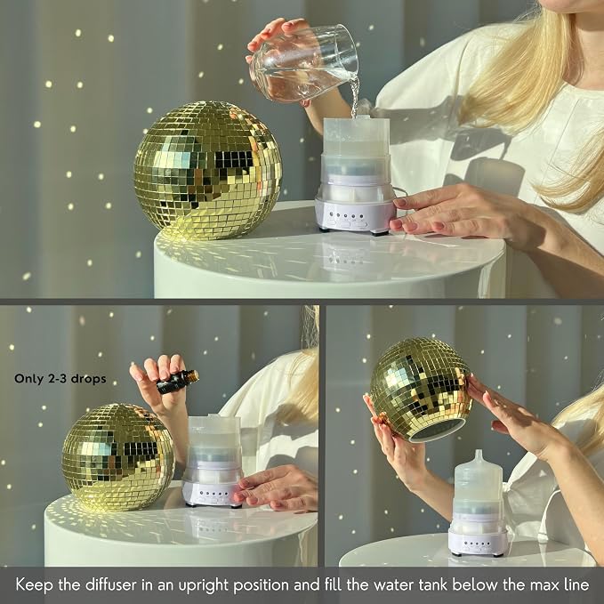 Disco Ball Diffuser Rotating - Essential Oil Diffuser with Whisper Quiet Operation, Cute Scent Diffusers for Home, Ball Decor, Fun Aromatherapy for Medium Room - Gold