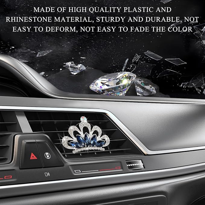Yourkar 2 PCS Bling Car Air Vent Clips, Crystal Rhinestone Crown Vent Decorative Air Freshener Clips, Sparkly Diamond A/C Outlet Aroma Diffuser Clip for Vehicles, Car Accessories (Blue)