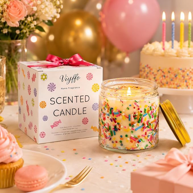 Viyffo Happy Birthday Candle - Caramel & Vanilla Cupcake, 18oz Large Non Toxic Soy Scented Candle, Decorative Colorful Jar Candle, Birthday Gift for Women, Mom & Sisters, Yourself, Friends