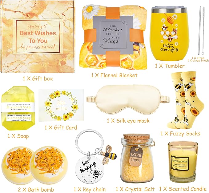 Bee Birthday Gifts for Women - Bee Lover Gift for Happy Bee Day Her Relaxing Spa Box, Inspirational Blanket Tumbler Bath Bomb Sentend Candle Yellow Present for Mom Friends Sister Best Friend Wife