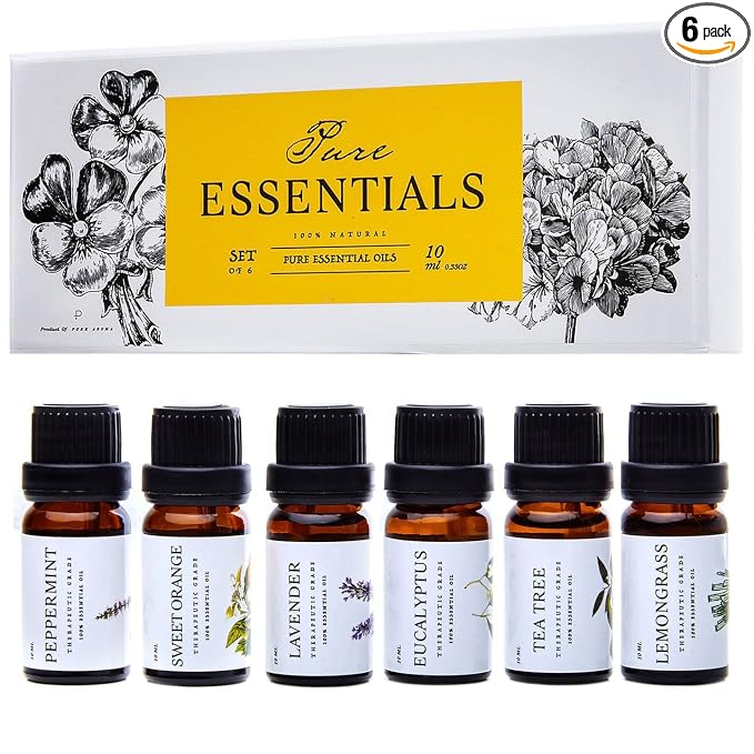 Essential Oils Set Pure Essentials - Top 6 Aromatherapy Oils Gift Set for Diffusers, Home Care, Candel Making, Fragrance -Eucalyptus, Lavender, Lemongrass, Sweet Orange, Peppermint, Tea Tree (10ml)