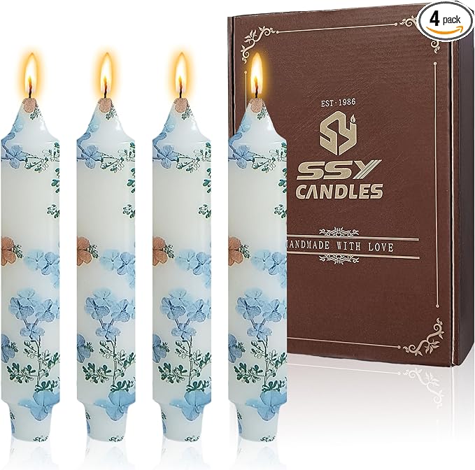 7 inch Short Candle Floral Candle Sticks Printed Candlestick Handmade Unscented Taper Candle 4 Pack Light Blue Flower Tapered Candles for Home Dinner Wedding Holiday
