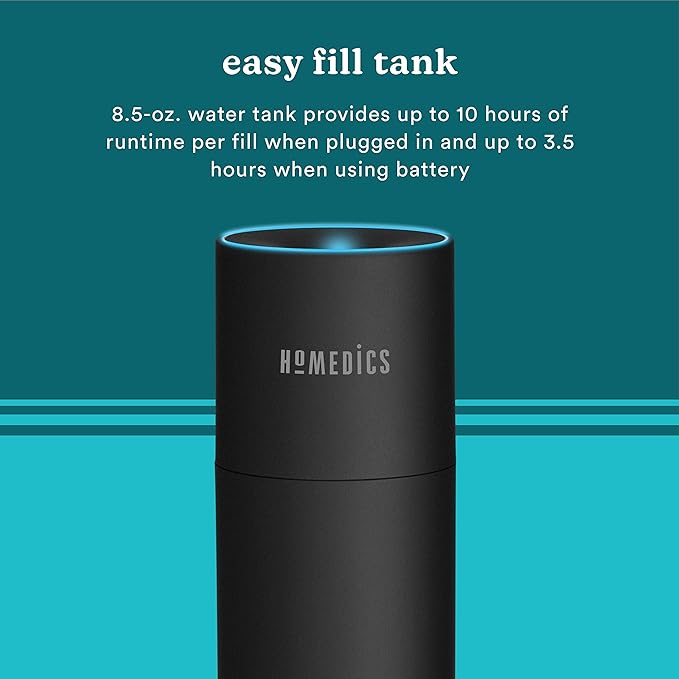 Homedics Portable Humidifier - Small Air Humidifiers for Bedroom, Plants, Office, Travel - Cool Mist Humidifiers, Color-Changing Accent Light, 2 Mist Settings, Matte Black