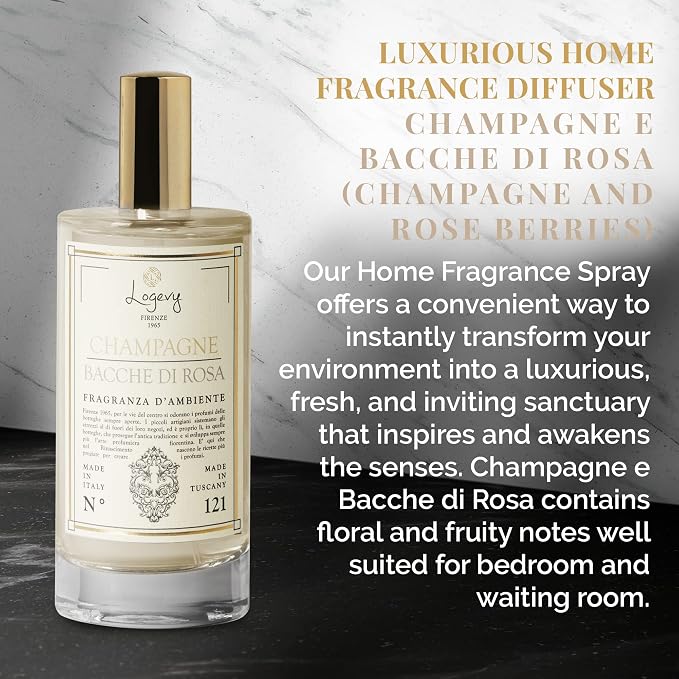 Logevy Firenze 1965 Champagne e Bacche di Rosa – Champagne and Rose Berries Luxury Home Fragrance Spray from Master Perfumer with Floral & Fruity to Captivate the Senses & Enliven Any Room – 100ml
