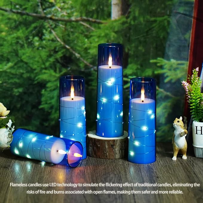 Eebuss Flameless Candles with Embedded Star String, Battery Operated LED Pillar Candles with Timer and Remote Control,Home Decorating for Ambiance， Set of 7 (Blue)