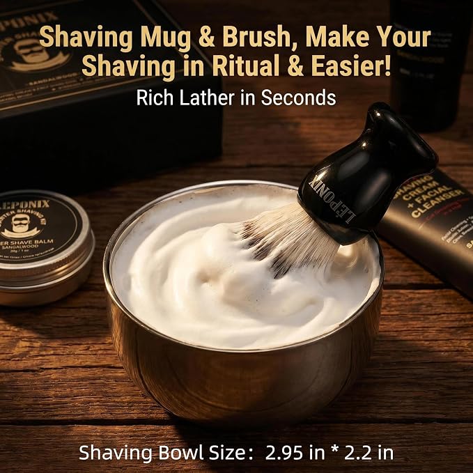 Shaving Kit, TSA Approved Travel Size Grooming Set - 60ml 2-in-1 Facial Cleanser & Shaving Cream, Shaving Brush and Bowl & 30g Solid Aftershave Balm, Gift Set for Men Boyfriend Stocking Stuffers