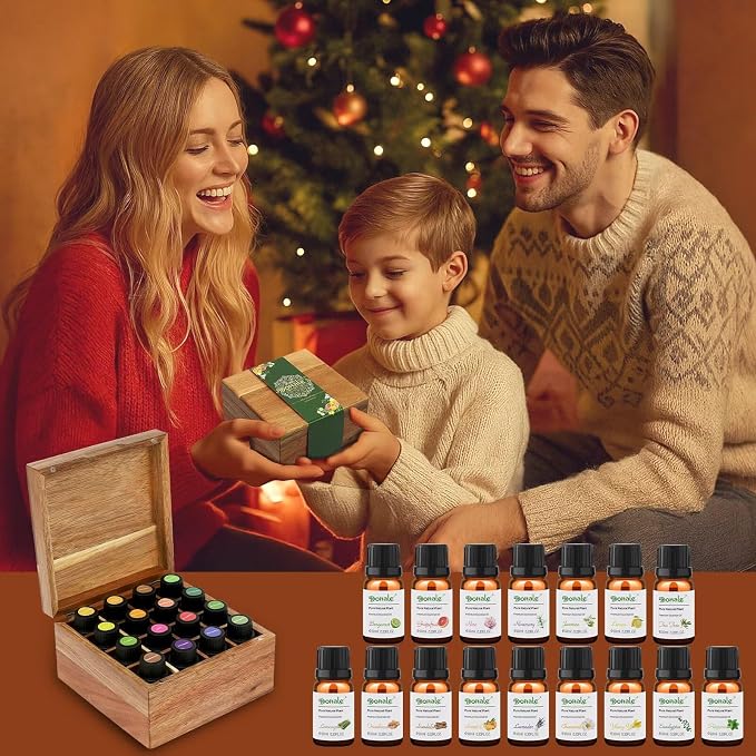 Essential Oils Set Acacia Wood Gift Box - Top 16 Relax, Stress Relief, Sweet Dreams, Energize, Aromatherapy Oils for Diffuser Hotel Scent Home Fragrance Candle Making 10ml