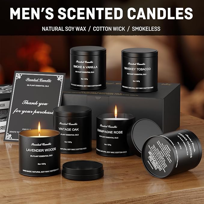Men’s Scented Candles Set – Soy Wax Aromatherapy Candles for Men, Masculine Scented Candles with Essential Oils, Long Lasting Strong Scent, Luxury Gift Candles for Men,Dad,Him (48oz)