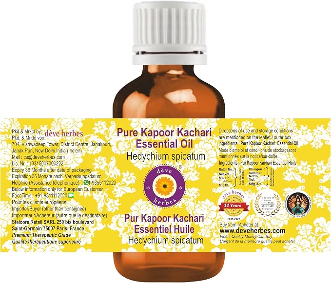 dève herbes Kapoor Kachari Essential Oil (Hedychium spicatum) Pure | Non-Sticky | Non-Greasy | Lightweight | Men & Women | All Skin Types | Steam Distilled 30ml (1 oz)
