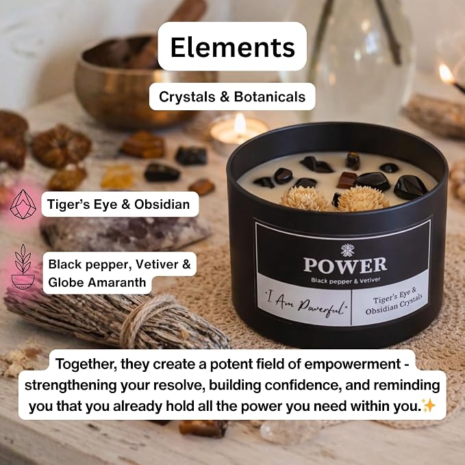 Power Crystal Candle for Meditation, 8oz Scented Candles with Tigers Eye and Obsidian Healing Crystals, Black Pepper Vetiver Aroma for Good Fortune, Spiritual Room Decor Great Gift for Women and Men