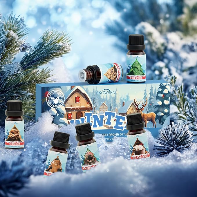 Winter Essential Oil Set, 6x10ml Fragrance Oils for Diffuser & Candle Making - Christmas Wreath, Gingerbread, Sugar Cookies, Hot Chocolate, Peppermint, Cinnamon Aromatherapy Oils for Home