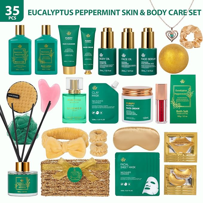 35 Pcs Mother's Day Gift, Eucalyptus Bath & Body Gift Basket for Women, Self-Care Relaxation Basket Set, Face Skin Care Kit, Home Spa Gift, Face Oil, Birthday, Christmas, Anniversary
