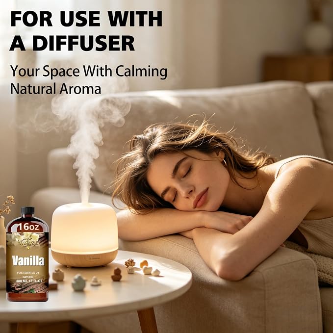 Vanilla Essential Oil, Vanilla Oil 16 Fl Oz 480ml for Diffuser Yoga Soap & Candle Making – with 0.33 Oz Roller Ball & Funnel YHSESSE Essential Oils