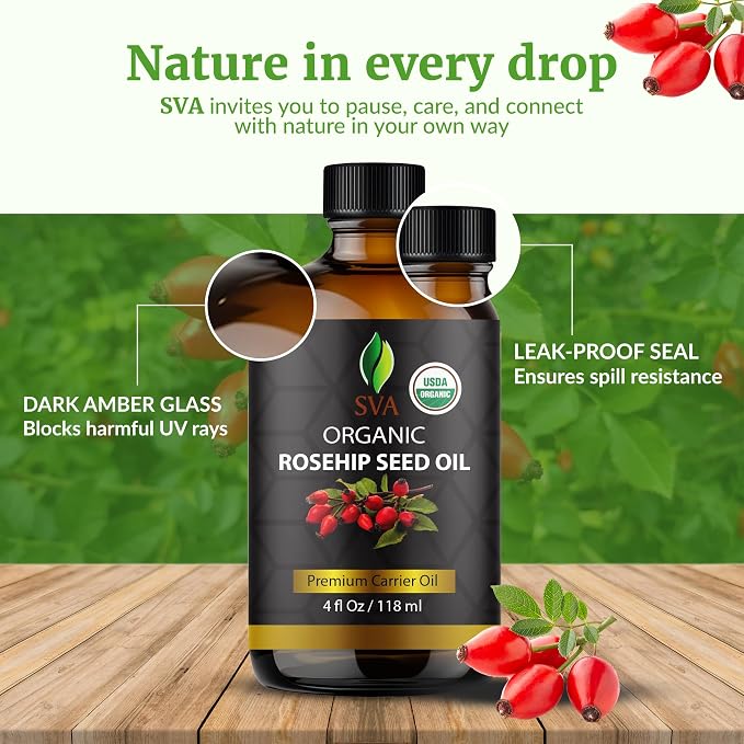 SVA Rosehip Seed Oil Organic - 4 Fl Oz – 100% Natural Cold Pressed Organic Rosehip Oil - for Face, Skin Care, Hair Care, Scalp Massage & Body Massage – Carrier Oil with Dropper