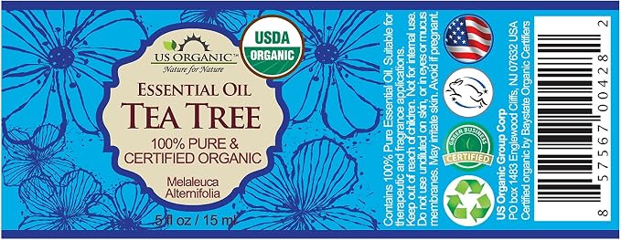 US Organic 100% Pure Tea Tree Essential Oil, Steam Distilled, USDA Certified Organic, for Hair, Skin, Scalp, Foot, Toenails, and More. Sourced from South Africa, Undiluted, Non-GMO (15 ml, 2 Pack)