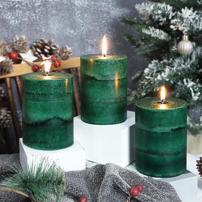 Fir Pine Scented Pillar Candles 3x4 Inch Dark Green 3-Layered Handcraft Holiday Forest Candle Smokeless Aromatherapy Candle for Christmas Decoration Home Party Fragrance Housewarming Gifts