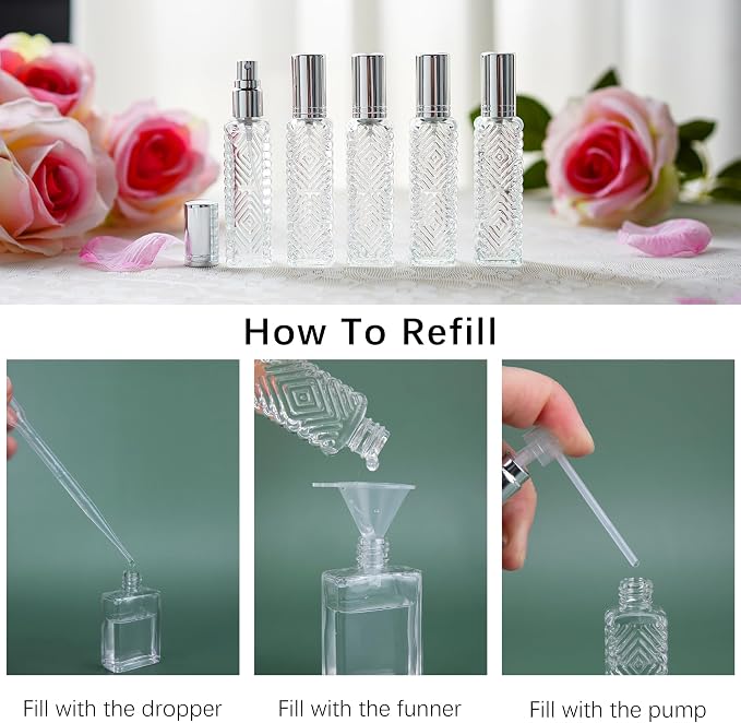 YU FENG 12pcs Perfume Bottles Empty Clear Glass Atomizer Spray Bottles Empty Refillable for Perfume Essential Oil,Packed with Funnels Pipettes Dispensers Engraved Taj Mahal Style（13ml）