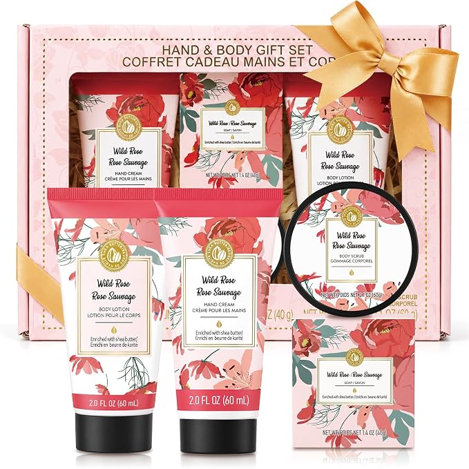 BODY & EARTH # LOVE Hand Cream Gifts Set for Women, 4PCS Wild Rose Bath and Body Gift Set with Hand Cream, Body Lotion, Body Scrub, Soap, Self Care Kit Spa Gifts for Women Birthday Gift for Her