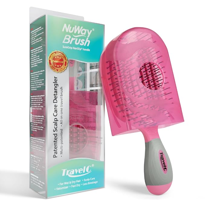 NuWay 4Hair® TravelC® U.S. Patented Single-Curve Scalp Care Travel Brush with Protective Case – Premium Portable Hair Health Tool with Heat-Resistant – Wet & Dry Use (Hot Pink)