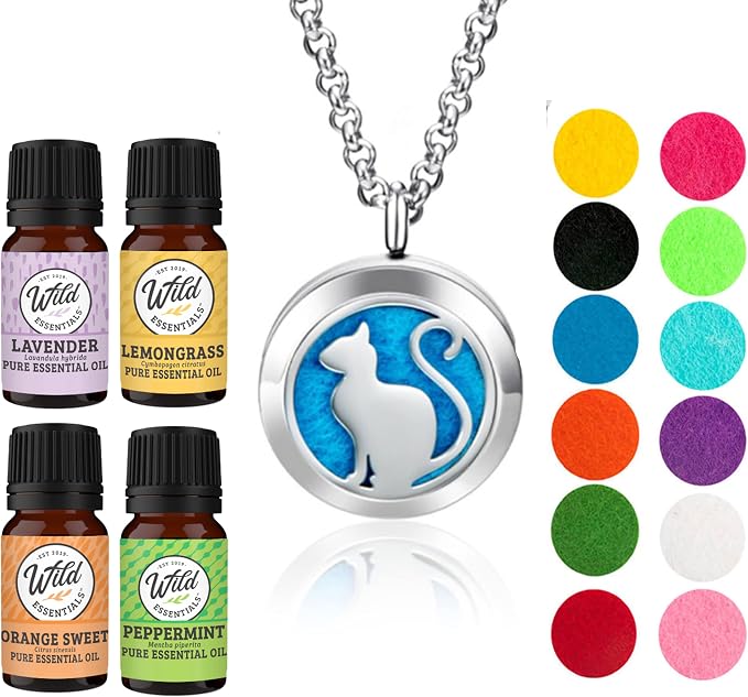 Wild Essentials Pretty Kitty Cat Necklace Essential Oil Diffuser Kit, Lavender, Lemongrass, Peppermint, Orange Oils, 12 Refill Pads, Calming Aromatherapy Gift Set, Customizable Color Changing, Perfume
