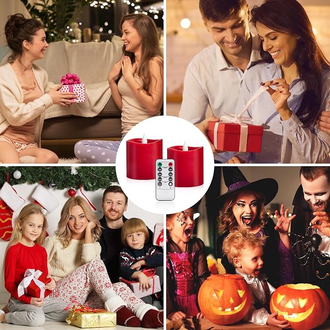 Red LED Pillar Candles, 3inch - Battery Operated with Remote Timer, Flickering Flame, Lasts Over 600 Hours, Perfect for Christmas and Halloween Deco (Red, 3"*3"-2pcs)