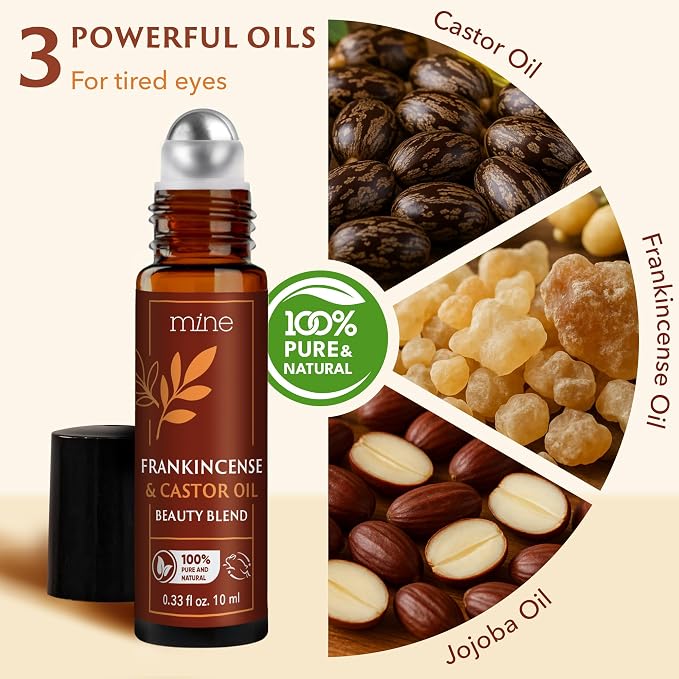 Mine Pure Castor Oil and Frankincense Roll On - Meaningful Gifts for Women - Eye Roller, Under Eye Puffiness, Hexane Free Castor Oil for Face, Under Eye, Skin, Wrinkles, Dark Circles Roll On