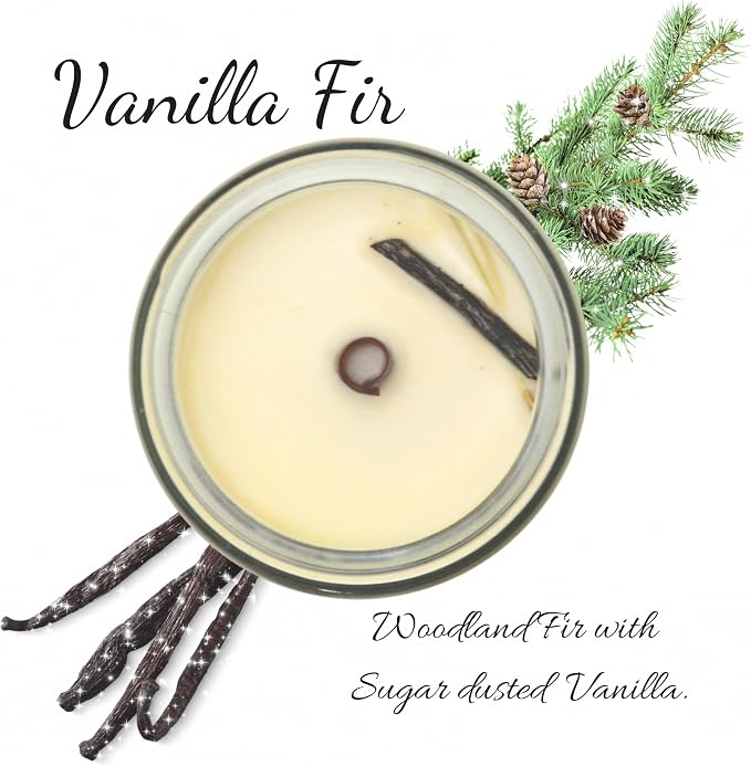 Vanilla Fir Scented Essential Oil Candle 3 oz, Hand Crafted Pure Soy Wax Candle with Wooden Wick, Dried Flowers, 23 Hour Burn Time, Natural Aromatherapy Glass Jar Candle with Lid by Lathered Artisan