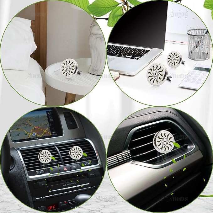 AUEAR, Car Diffuser Vent Clips Aromatherapy Essential Oil 30mm Stainless Steel Air Fresheners Lockets with 10 Felt Refill Pads for Women Men (Style F)