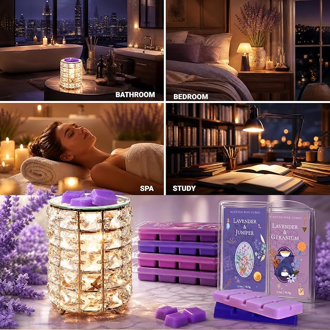 SCENTORINI Wax Melts, Soy Wax Cubes Strong Scent, Lavender Essential Oil Scented for Sleep, Summer Scents Wax Melts for Warmer Gift Set, 10 oz 4-Pack - Lavender & Amber, Juniper, Geranium, Vanilla