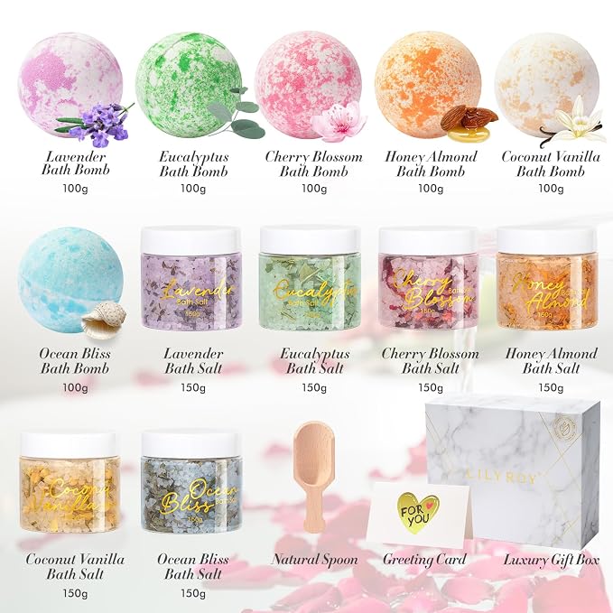 Gifts for Women & Men, Birthday Gifts - 15 Pcs Luxurious Spa Gift Set Bath and Body Gift Set for Mom Dad | Perfect Valentines Day, Christmas, Mothers Day with 6 x 150g Bath Salt 6 x 100g Bath Bomb